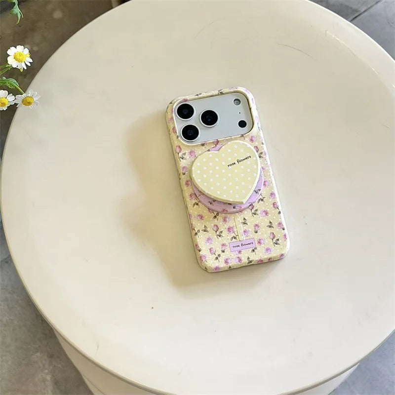 ハートグリップ イエロー花柄 Magnet内蔵 iPhoneケース｜淡色レトロ・大人かわいい #260027