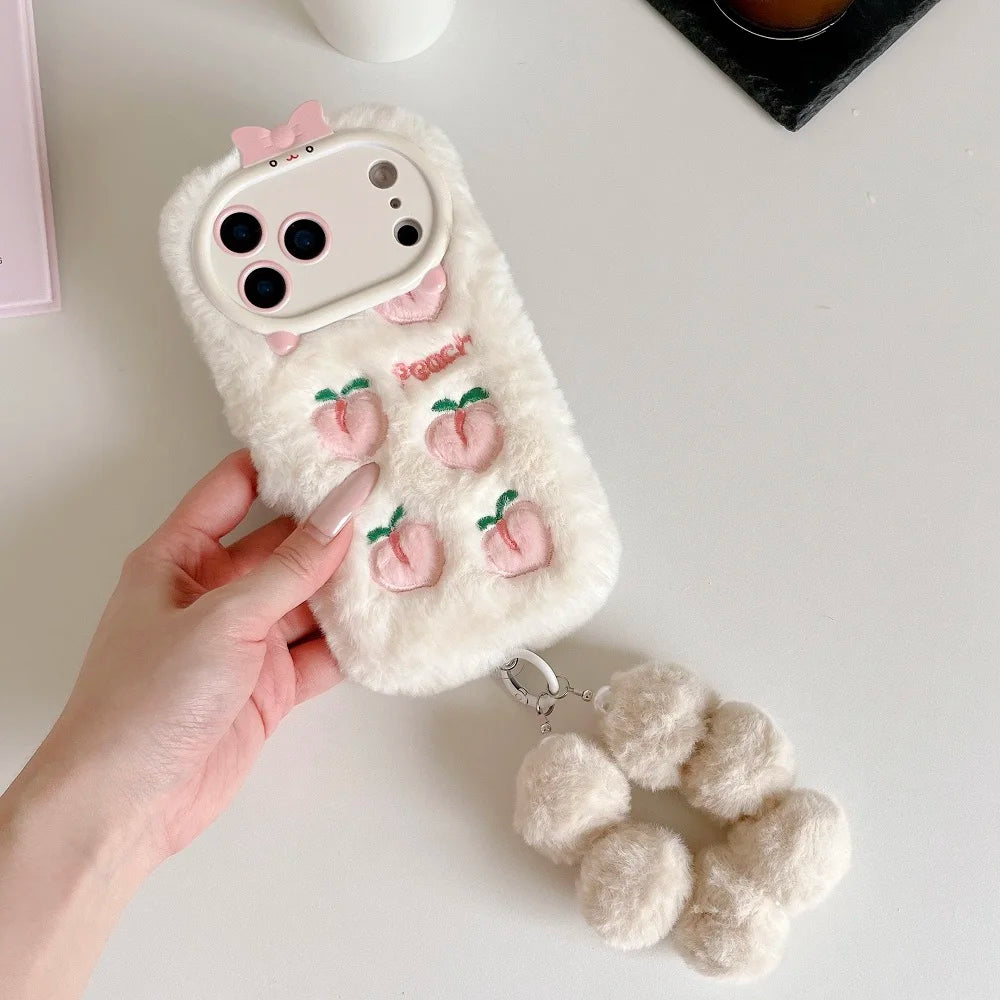 【ピーチファーリボン】もこもこピーチ×リボンカメラカバー スマホケース｜iPhone対応  #250113