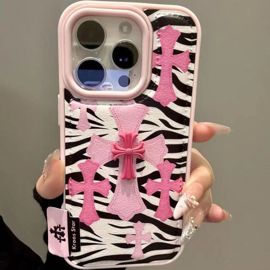 【ゼブラクロスリボン】アニマル柄 × 立体クロスパーツ スマホケース｜iPhone対応 #240727