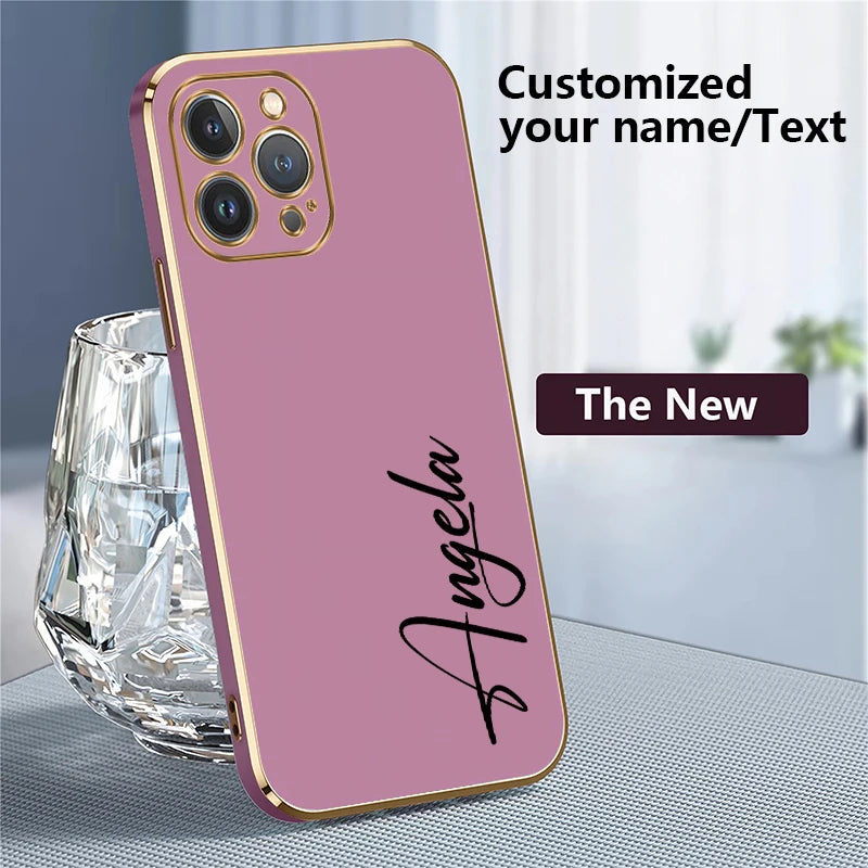 【カスタムNAMEシリーズ】ゴールドフレーム プレーンカラー 筆記体 名入れケース｜iPhone対応 #240819