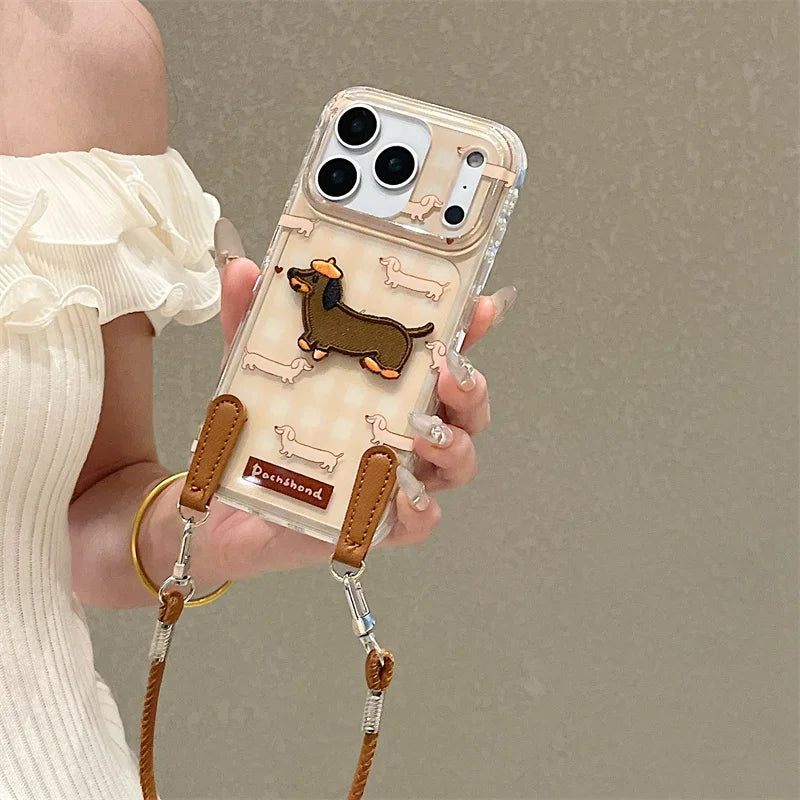 【ミニチュアダックス】刺繍ワッペン × クリアギンガムチェック レザー風 ストラップ付き スマホケース｜iPhone対応  #241221