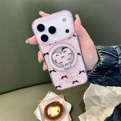 【Magnet内蔵】ハート型 リングスタンド付き グリッター×リボン柄 スマホケース｜iPhone対応 #250310