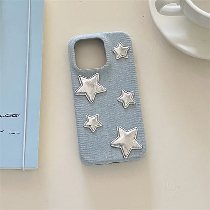 【スターシルバー】メタリック 星柄 × デニムスマホケース｜iPhone対応 #250129