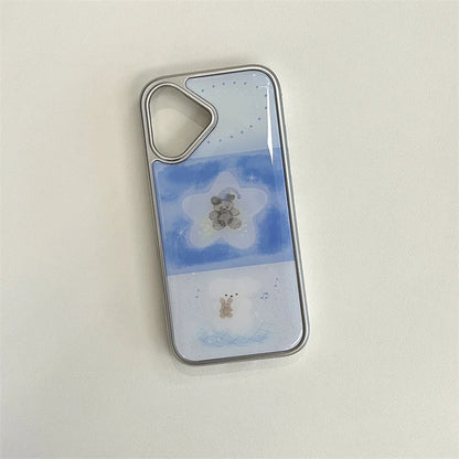 【グラデくまちゃん】雲 にじみブルーグラデーション ポンポンチャーム付き スマホケース｜iPhone対応 #241004