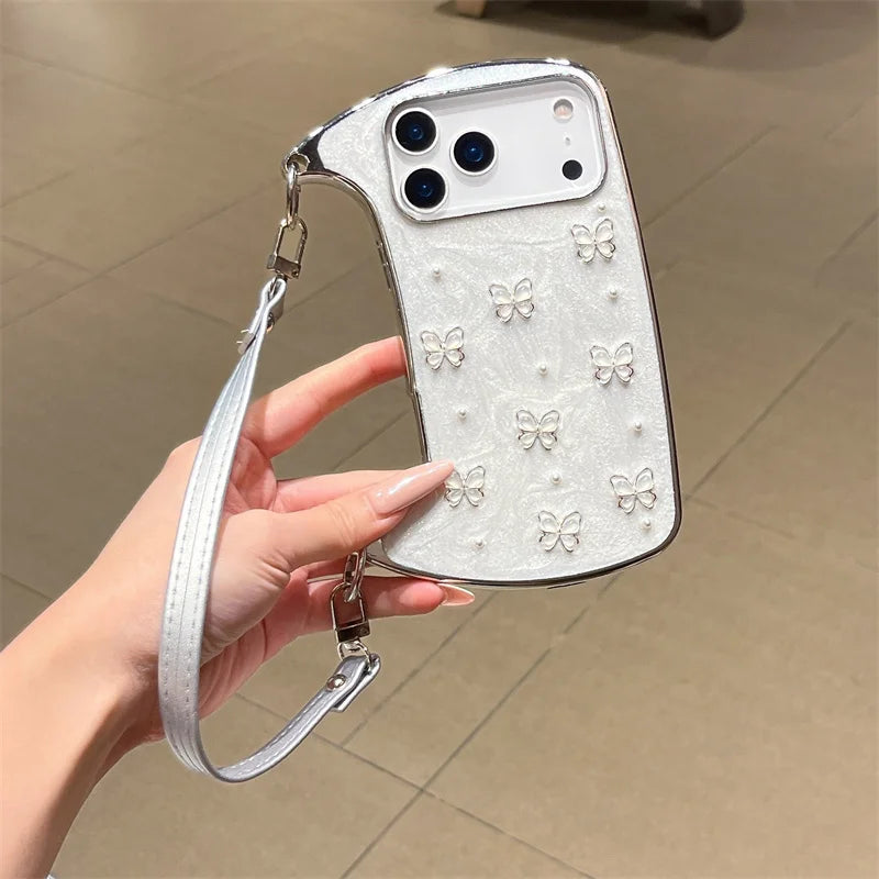 【ショルダーバッグ型 】ストラップ付き パールバタフライ スマホケース｜iPhone対応 #241001