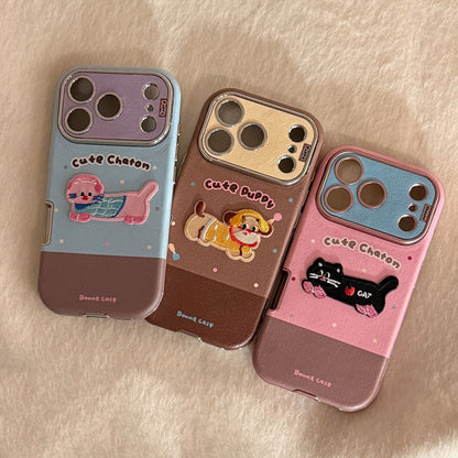 【HAPPYアニマルシリーズ】ヘッドホン わんこ ネコ 刺繍 × ふんわりガーリー ソフトレザー調ケース｜iPhone対応 #240826