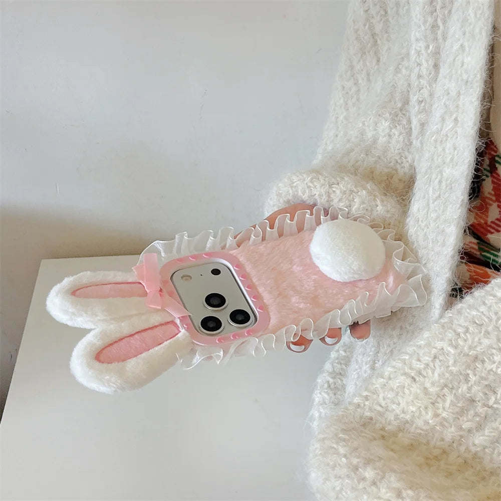 【バニーフリルファー】ふわもこウサギ耳×しっぽ付き スマホケース｜iPhone対応 #241227