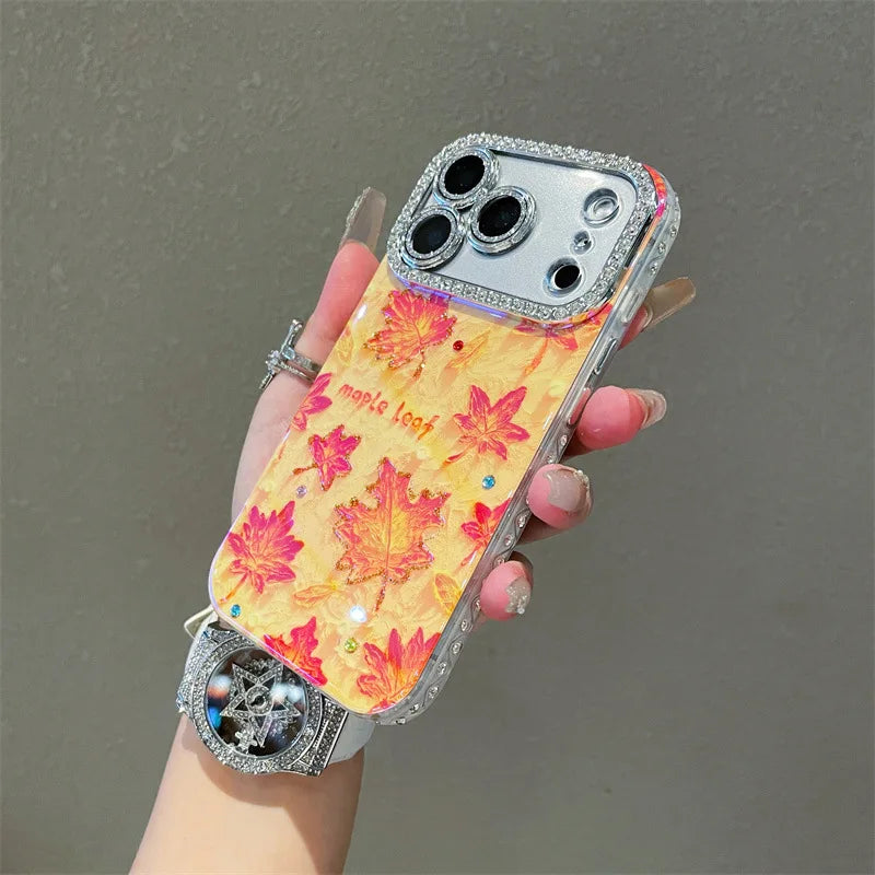 【メイプルリーフ】紅葉 クリア × ラメ オレンジ レンズ周りジュエリー ケース｜iPhone対応 #240917