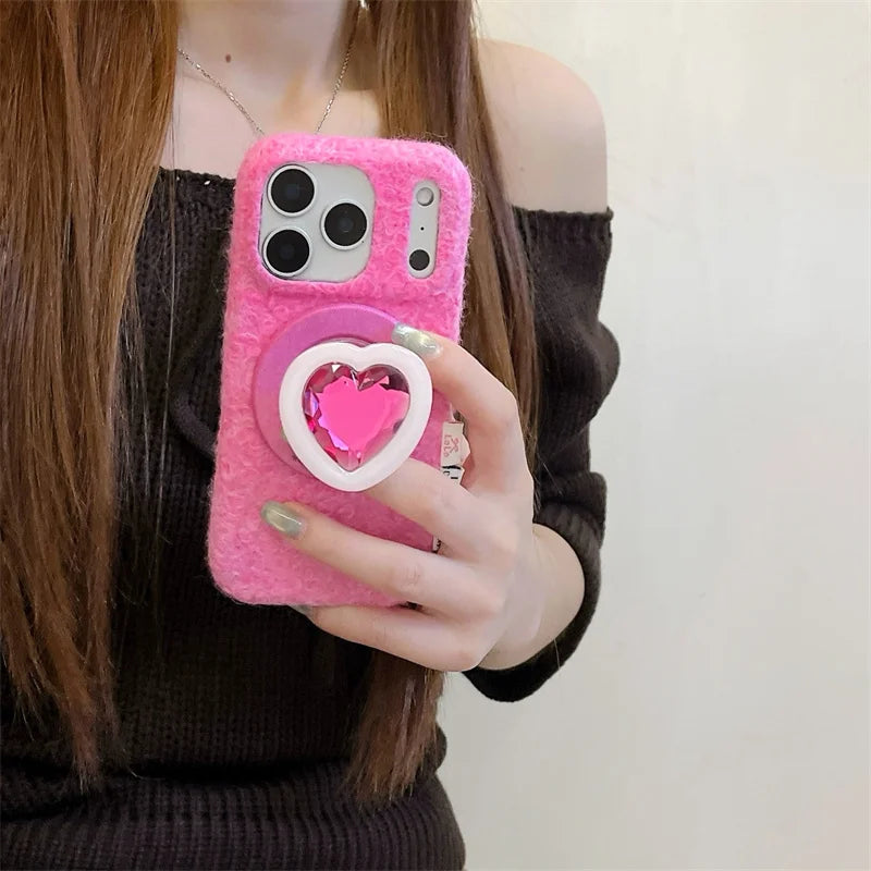 【Magsafe対応】立体ハートジュエルポップソケット × もこもこファー スマホケース｜iPhone対応 #241214