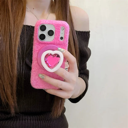 【Magnet内蔵】立体ハートジュエルポップソケット × もこもこファー スマホケース｜iPhone対応 #241214