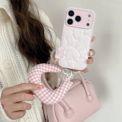 【もこもこスターキルティング】 ふわふわ チェッククッション ハンドル ストラップケース｜iPhone対応 #240913