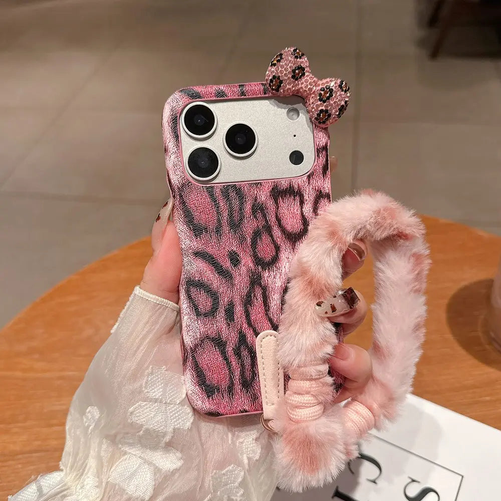 レオパード柄 リボンモチーフ ストラップ付き iPhoneケース (全2色) アニマル・ワイルド(全2色)  #261233