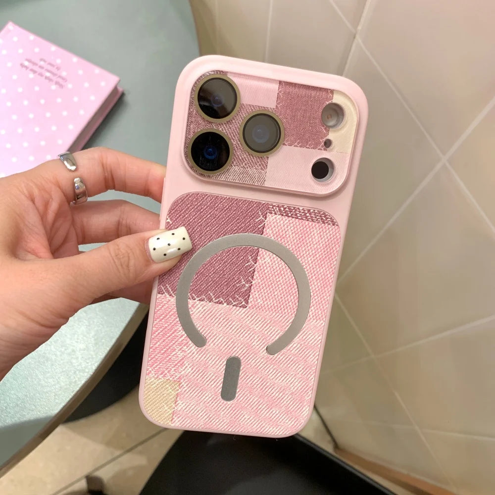 ツイード風 パッチワークデザイン Magnet内蔵 iPhoneケース #230724
