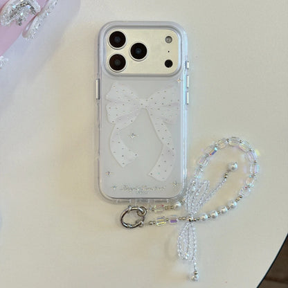ビジュー ラメリボン ビーズストラップ付き クリア iPhoneケース #260602