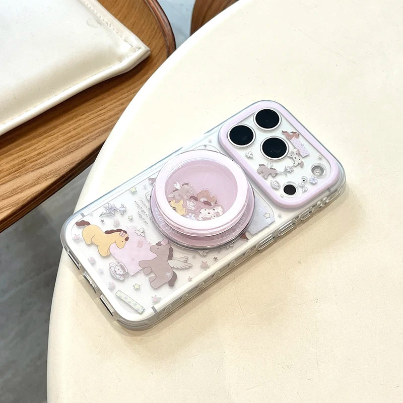 ユニコーンホース イラストiPhoneケース｜パステル動物柄・クリアグリップ付き #240428
