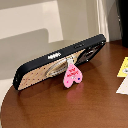 【マグネット式折りたたみハートスタンド付き】イエローチェック ×ピンクハートリング スマホケース｜iPhone対応 #240704
