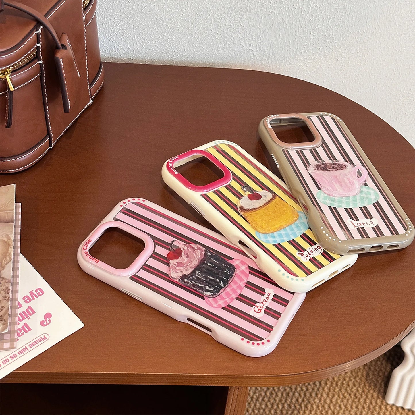 【カラフルストライプ】プリン ケーキ コーヒー スイーツ デザート アートスマホケース｜iPhone対応 #240925