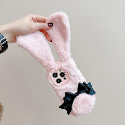 【ふわもこラビットリボン】うさ耳×ブラックリボン ファースマホケース｜iPhone対応 #250203