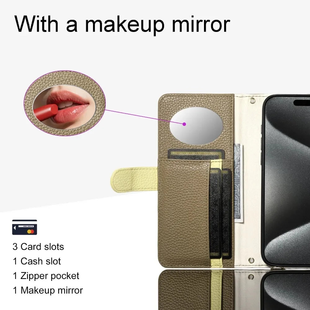 【ブックスタイル】レザー調 財布一体型 手帳型 iPhoneケース｜ファスナー収納・ミラー付き #240201