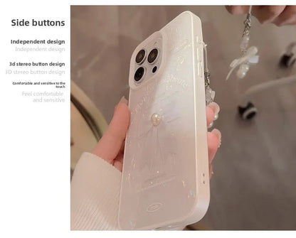 【パール×リボンチャーム】艶めく ホワイト シェル風ケース｜iPhone対応 #250525