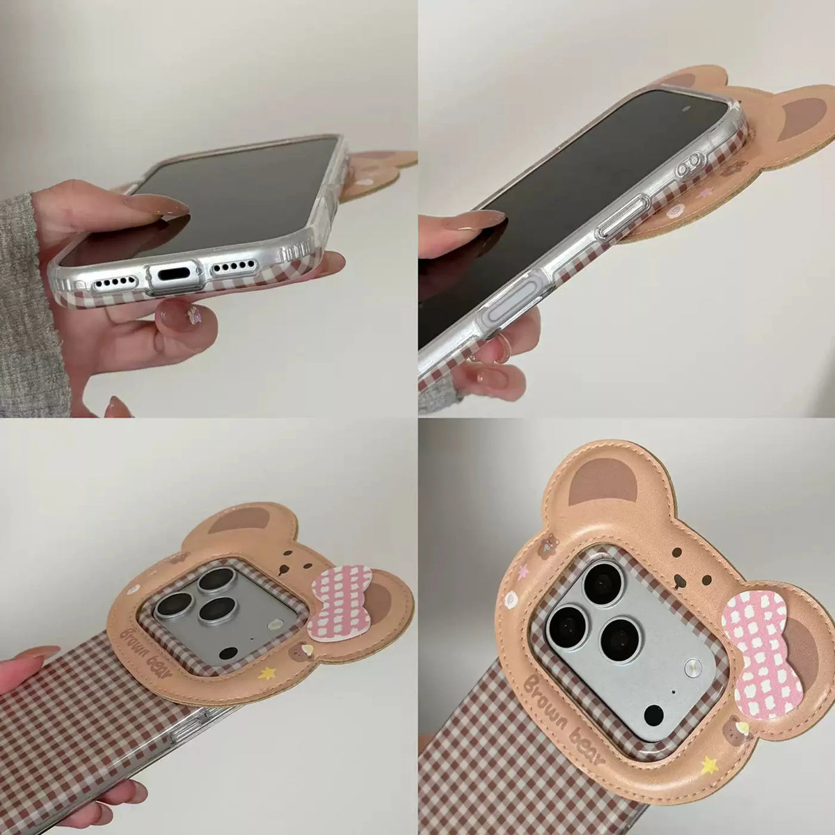 【くま】リボン チェック柄 立体フレーム iPhoneケース｜くすみカラー・韓国っぽ PCA #261277
