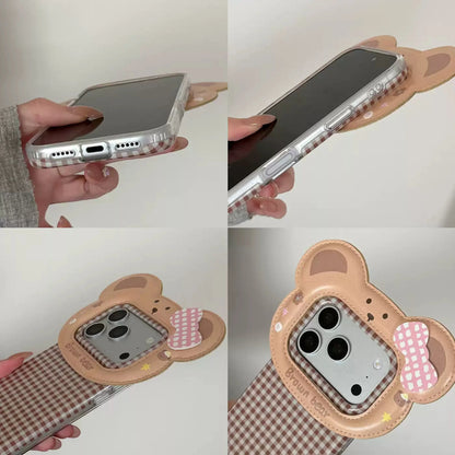 【くま】リボン チェック柄 立体フレーム iPhoneケース｜くすみカラー・韓国っぽ PCA #261277
