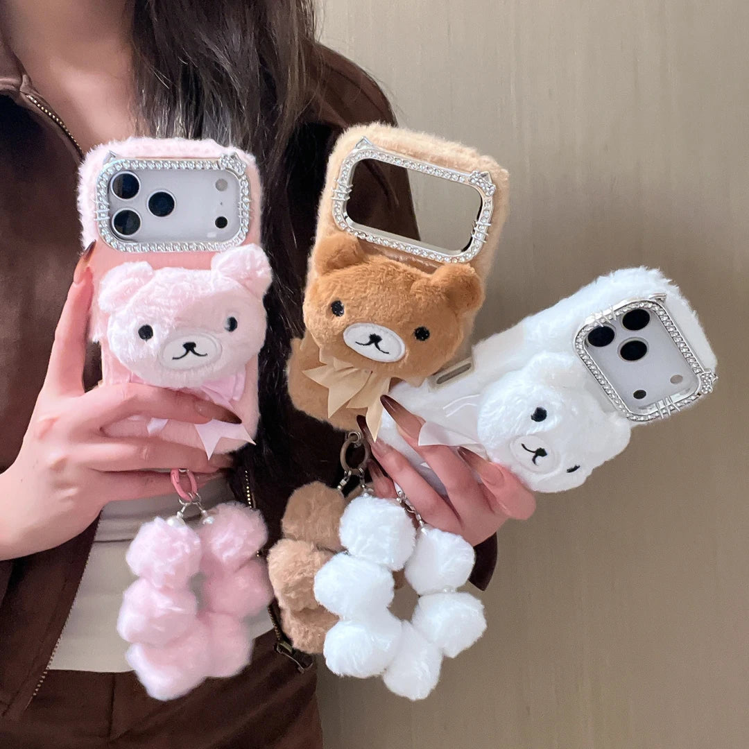 【アニマルフェイスシリーズ】くまさんぬいぐるみ スマホケース｜ふわもこ立体デザイン × ポンポンストラップ付き｜iPhone対応 #241128