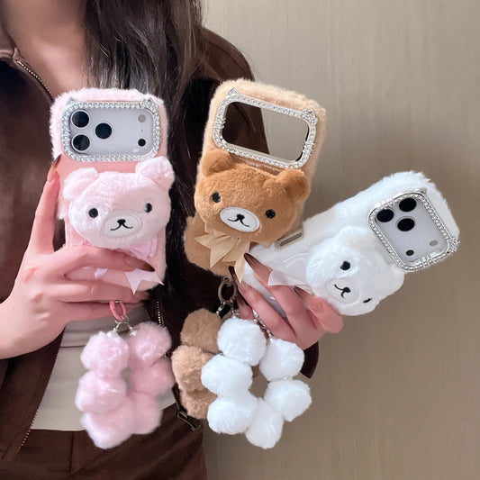 【アニマルフェイスシリーズ】くまさんぬいぐるみ スマホケース｜ふわもこ立体デザイン × ポンポンストラップ付き｜iPhone対応 #241128