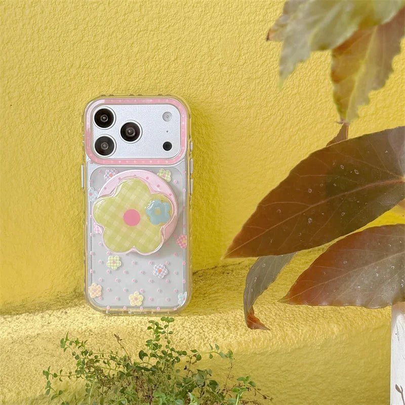 チェックフラワーグリップ 花柄 透明感 Magnet内蔵 iPhoneケース｜パステル #260028