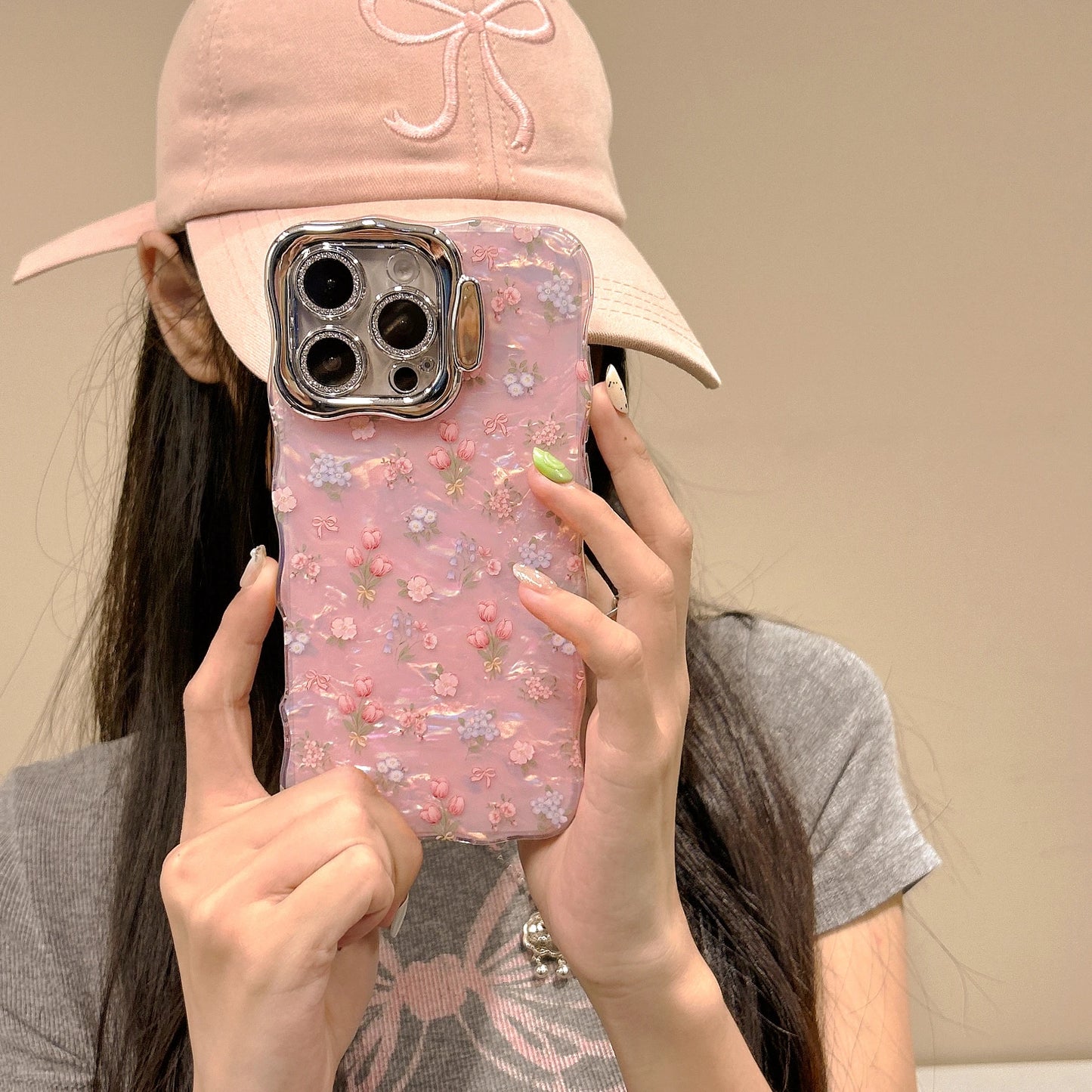 【フローラルミルキーシェル】フラワー×パール調デザイン スマホケース｜iPhone対応 #250704
