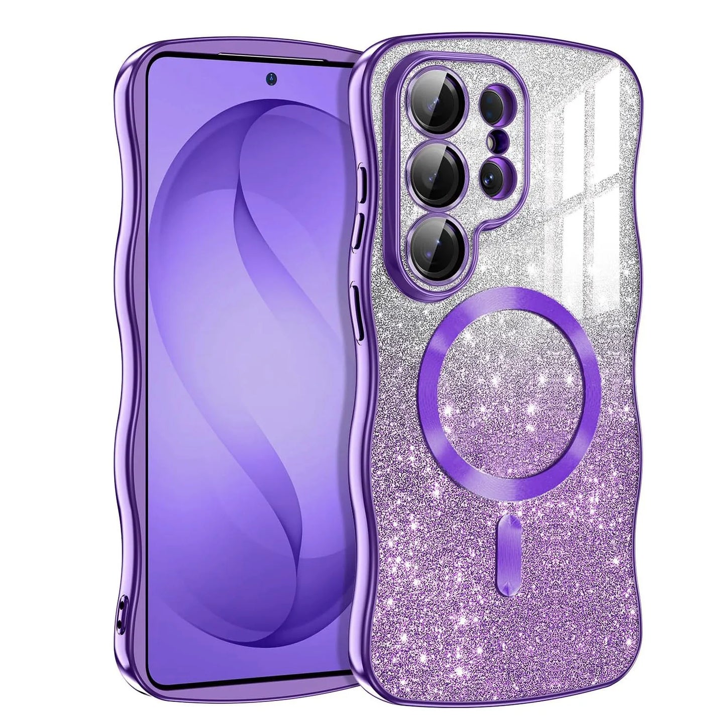 【Galaxy対応】ウェーブフレーム ラメグラデーション マグネット内蔵ケース 全4色 韓国風・キラキラ・おしゃれ #261094