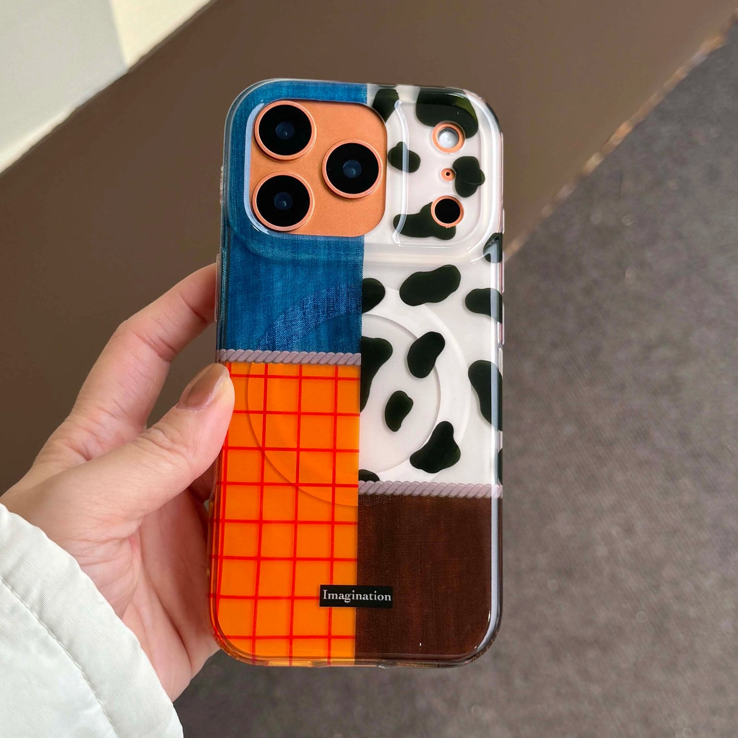 【カウパッチワーク】デニム×チェック×アニマル柄 スマホケース｜iPhone対応 #250123