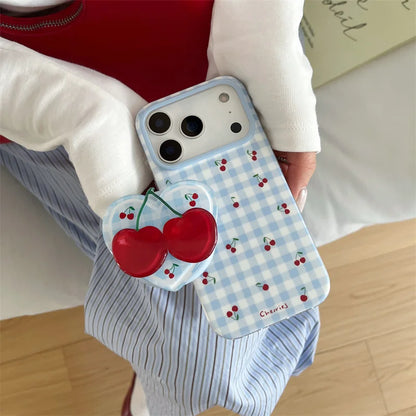 チェリー チェック柄 水色 キュートなさくらんぼ iPhoneケース｜淡色・ガーリー #260075