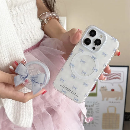 【淡ブルーリボン×グリップ付き】ガーリー 透明クリアケース｜iPhone対応 #250510