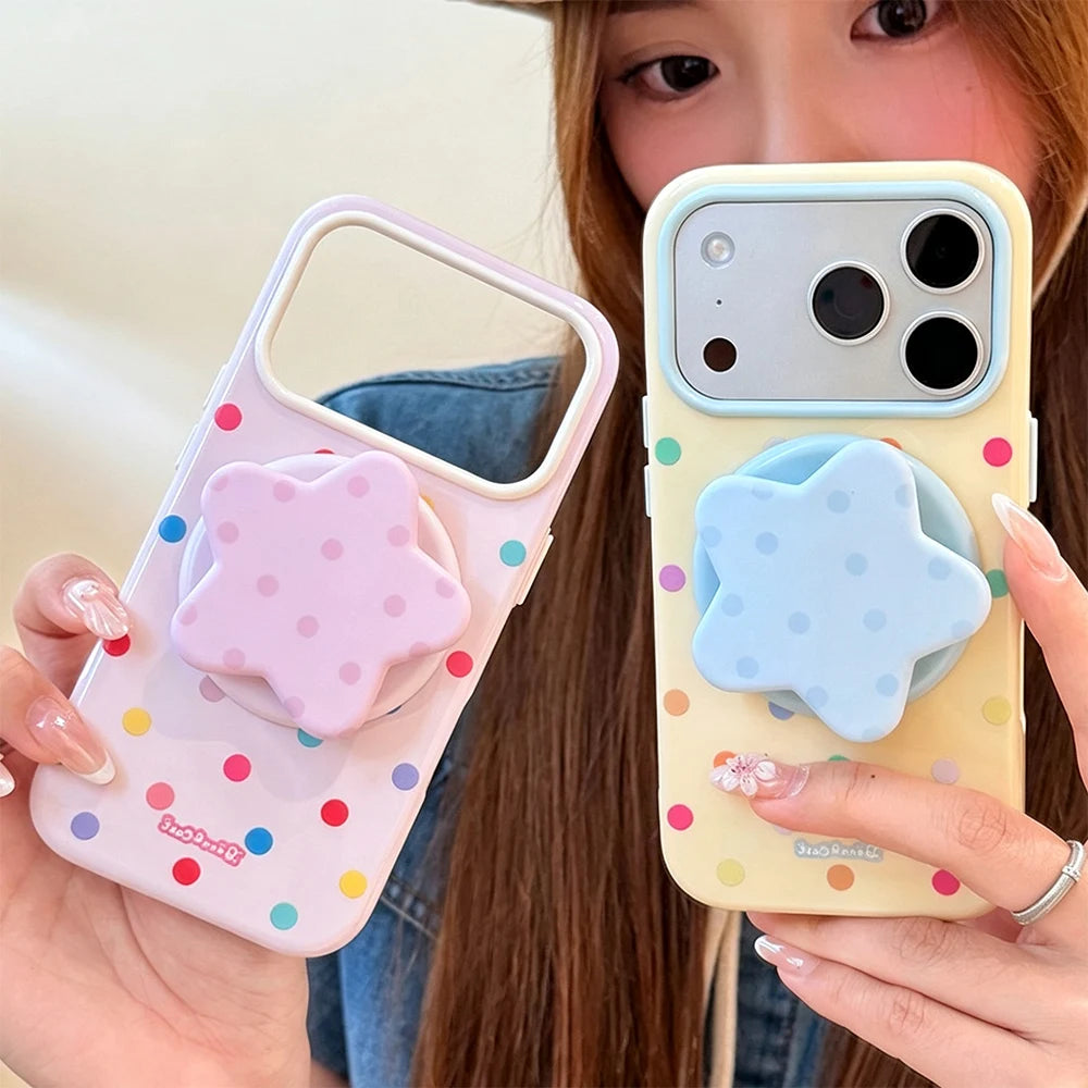【マグネット内蔵】スターモチーフグリップ付きドット柄 iPhoneケース カラフル PCA #261216
