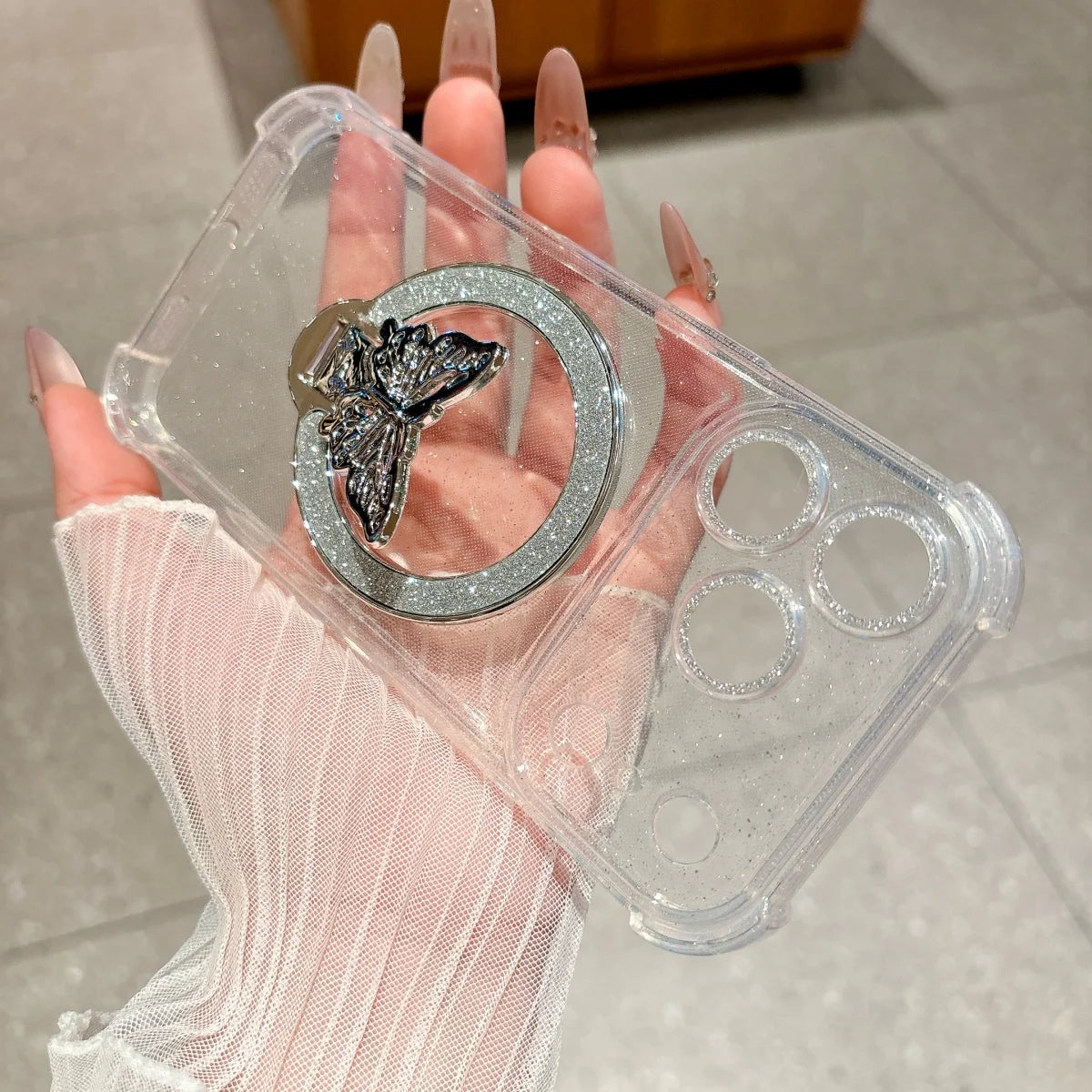 バタフライ キラキラ ラメリング付き Magnet内蔵 クリア iPhoneケース #260220