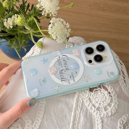 【貝殻モチーフ×夏の海デザイン】シェル＆スターフィッシュ付きクリアケース｜iPhone対応 #250514