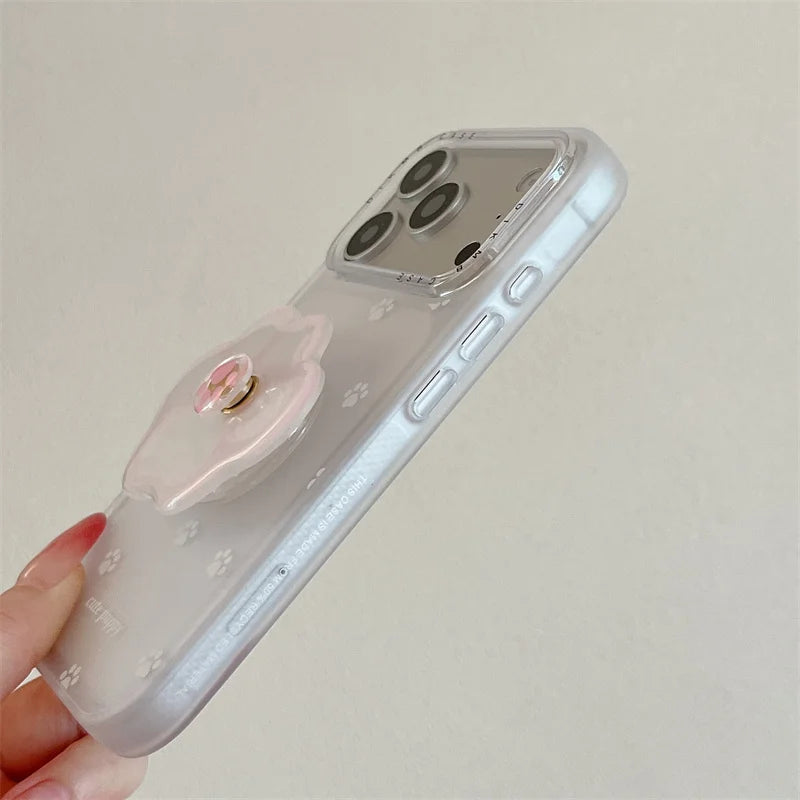 ホワイト 肉球 くるくる回る グリップ 足跡 iPhoneケース #231001
