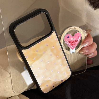 【マグネット式折りたたみハートスタンド付き】イエローチェック ×ピンクハートリング スマホケース｜iPhone対応 #240704