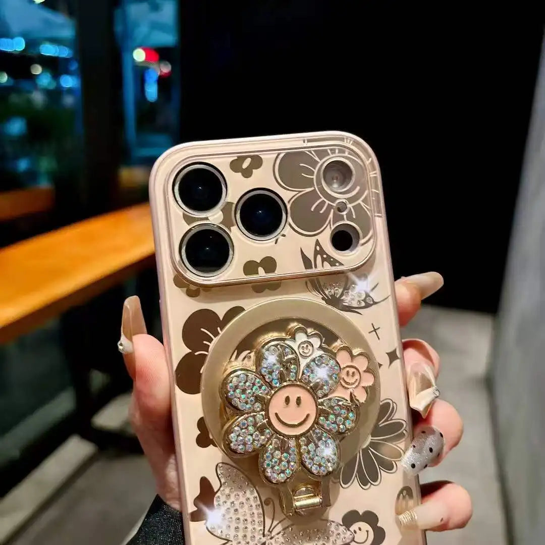 【フラワーシリーズ】キラキラ立体スマイルフラワー＆バタフライ デザインスマホケース｜iPhone対応 #251211