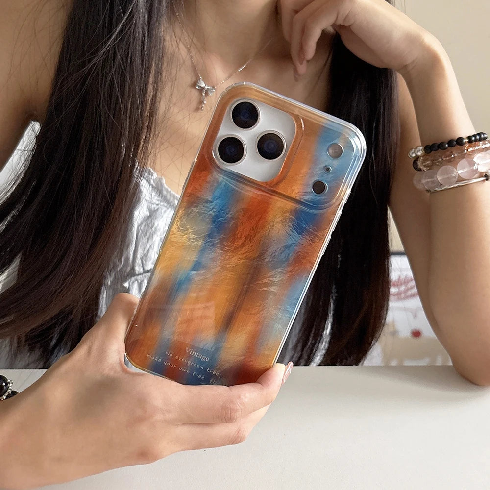 【アートマーブルグリップ】オレンジ×ブルー メタリックマーブル スマホケース｜iPhone対応 #250213