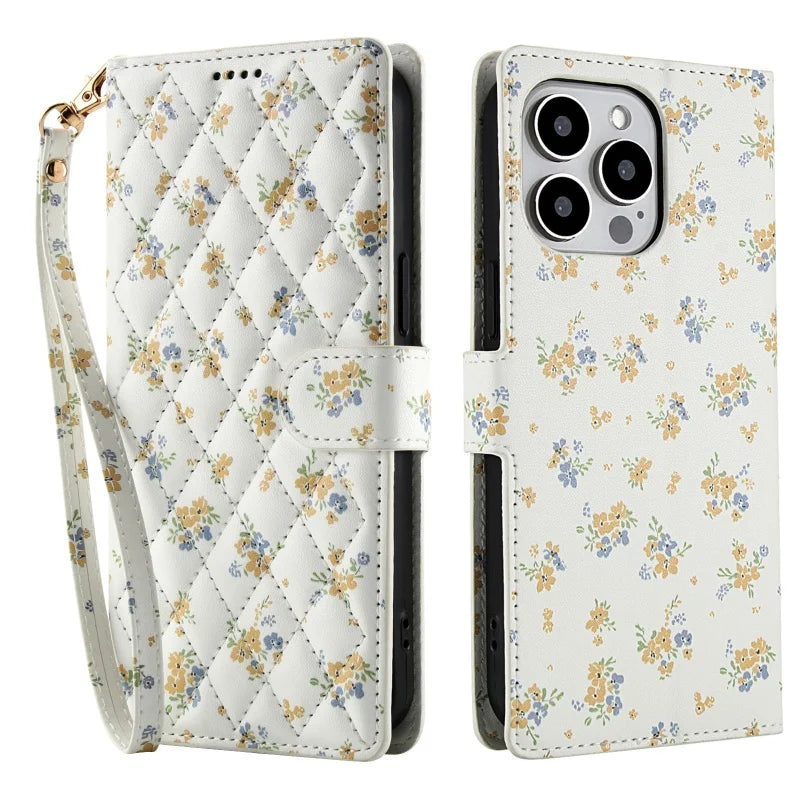 【ブックスタイル】花柄 フラワーキルティング ストラップ付き 手帳型 iPhoneケース｜カード収納 ショルダー対応 #240110