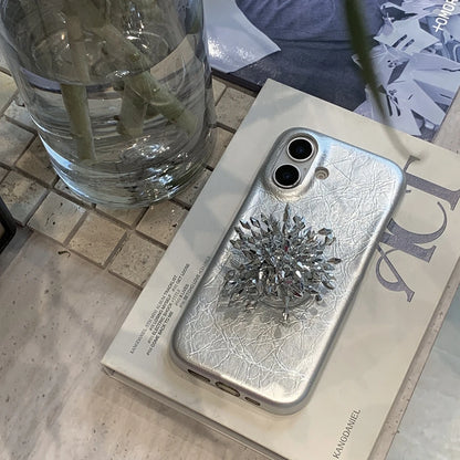 【クリスタルブロッサム】キラキラ シルバー ビジュー ホルダー付き ラグジュアリー スマホケース｜iPhone対応 #250426