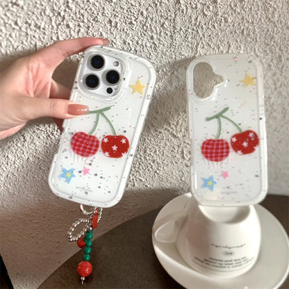 【フルーツシリーズ】赤チェック＆星柄チェリー ポップデザイン クリアスマホケース｜iPhone対応 #251008