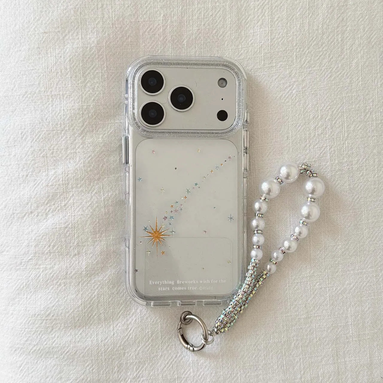 【スター×パールストラップ】キラキララメ 流れ星モチーフ クリア スマホケース｜iPhone対応 #240618