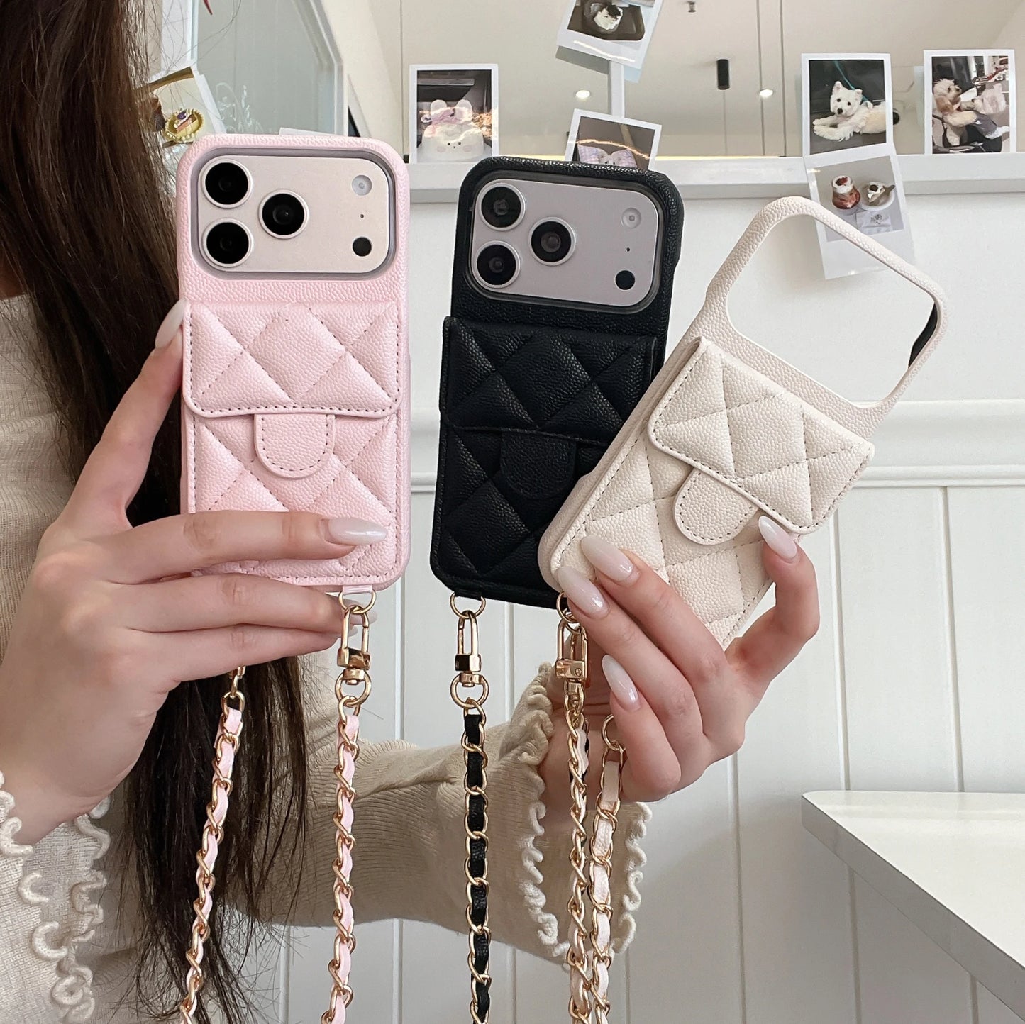キルティング レザー風 iPhoneケース｜カード収納付き・チェーンストラップ #240523