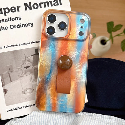 【アートマーブルグリップ】オレンジ×ブルー メタリックマーブル スマホケース｜iPhone対応 #250213