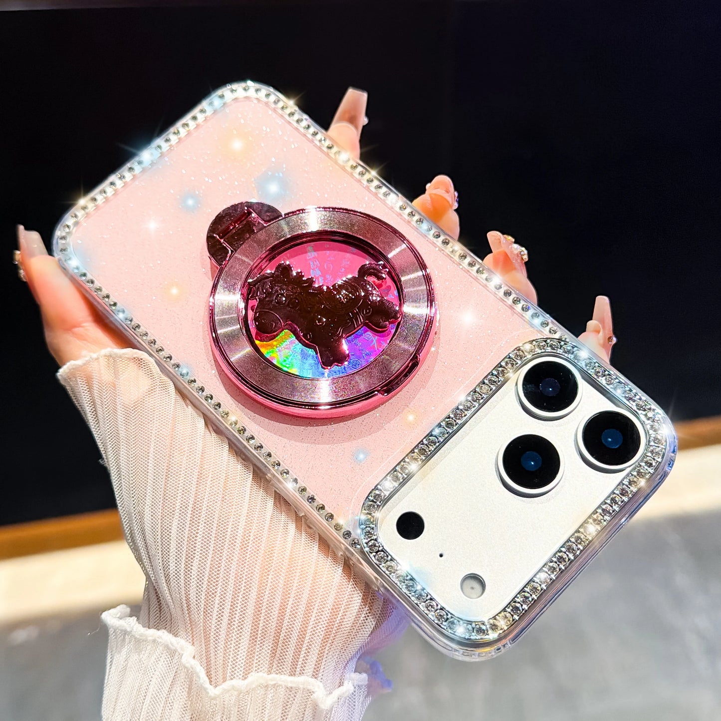 くるくる回る ユニコーン 馬 リングスタンド付き ホログラムラメ iPhoneケース #240511
