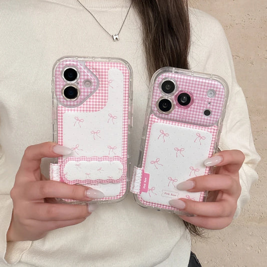 【ピンクギンガムチェック】リボン柄 折りたたみ式ホルダー付き スマホケース｜iPhone対応 #240622