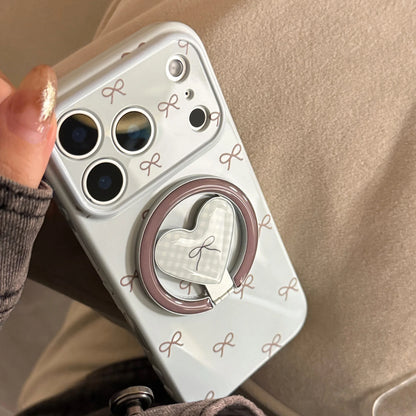 【マグネット式折りたたみハートスタンド付き】プチリボン柄 チェック ハートリング スマホケース｜iPhone対応 #240702